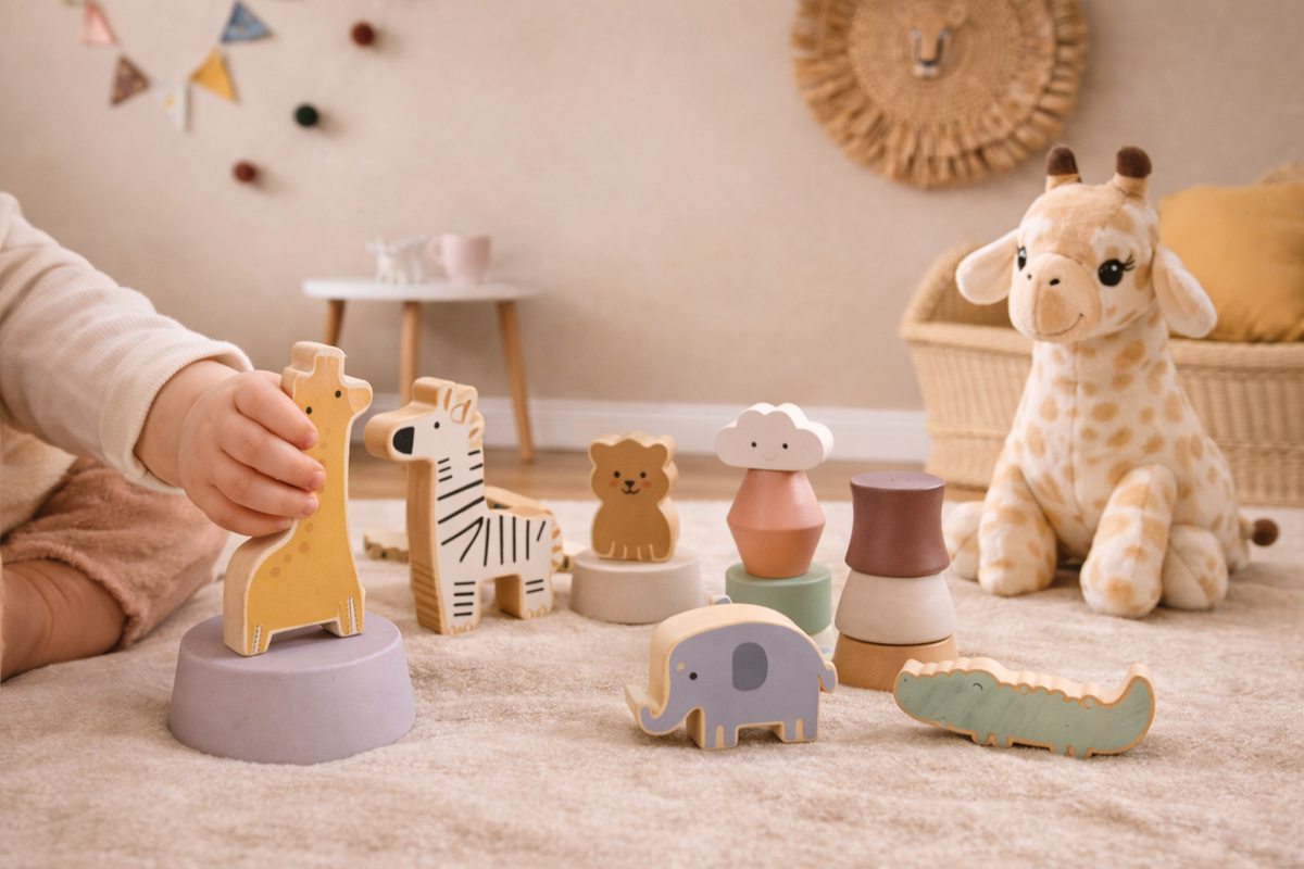 Child playing with wooden animal toys in a room with a plush giraffe toy.